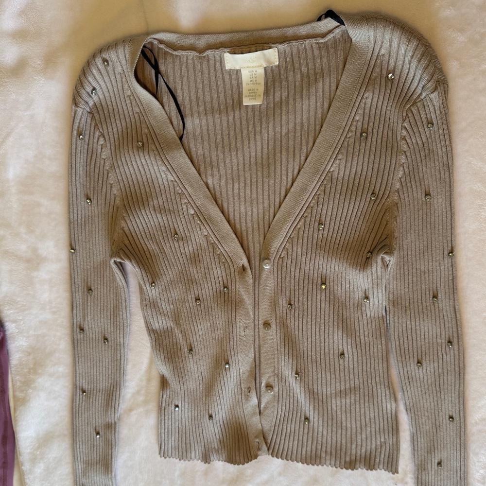 Women's Beige Embellished Cardigan Sweater